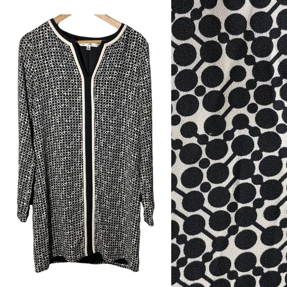 Max Studio Dot Print V-Neck Long Sleeve Shift Dress Size Small Black White